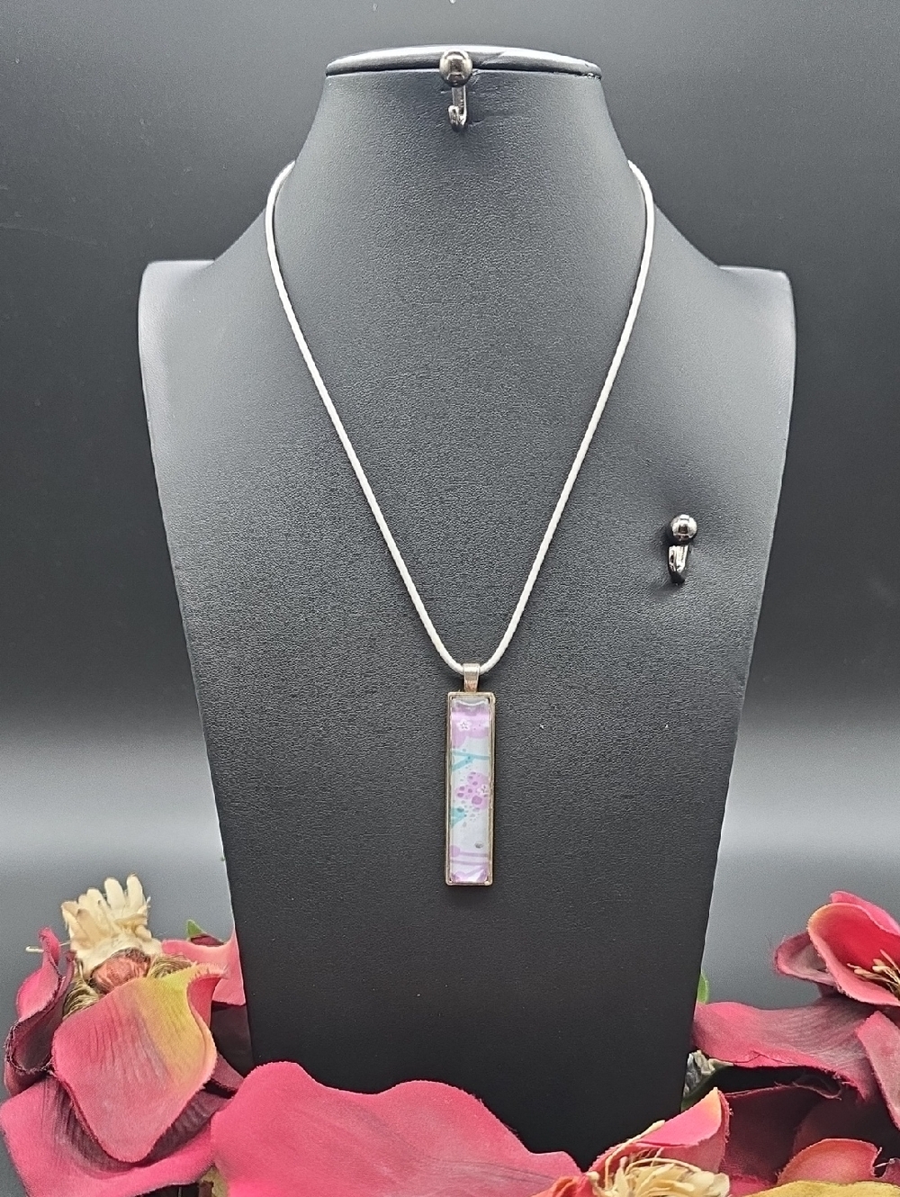 Hand Crafted | Silver | Glass Pendant| Necklace w\ Pink Floral Inlay